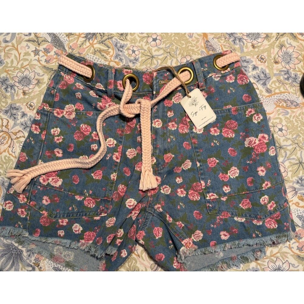Sage + Fig Floral Denim Drawstring Shorts
